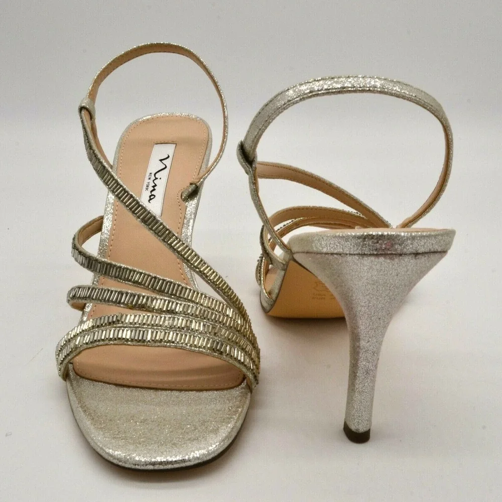 Nina New York Womens Sparkle Strappy Slingback Heels 10 Silver Leather NEW